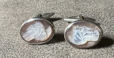 GEMELOS CAMAFEO MADREPERLA TALLADOS Y PLATA ESTERLINA VINTAGE Foto 1 de 4
