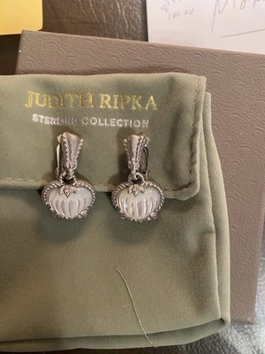 QVC Judith Ripka Sterling Silver 925 MOP & CZ Heart Dangle Clip On Earrings  - Image 1 of 4