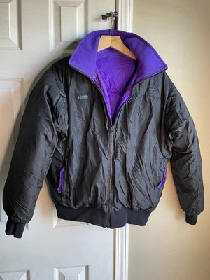 Vintage 90s Columbia Down Medium Reversible Full Zip Jacket Purple Black Bomber - Image 1 of 4