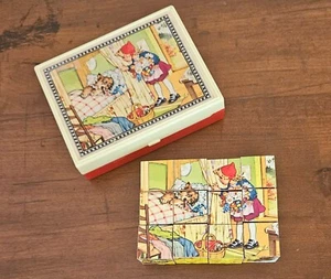 Vintage 6 Sided Wood Blocks Puzzle w Box / Case - Lil Red Riding Hood Snow White - Picture 1 of 19