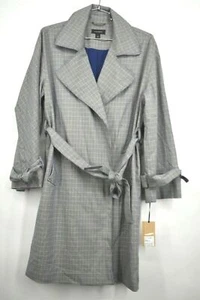 Halogen Womens Plaid Long Sleeve Grey & Blue Trench Coat Tie Front Size 1 - Picture 1 of 12