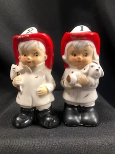 Vintage Salt & Pepper Shakers~ Fire Fighter Boy & Girl~ Ceramic~ LEGO~ Japan - Picture 1 of 11