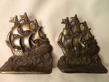 Nice Vintage Pair Of Heavy Brass Ship Nautical Bookends - Euc