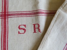 French Towel Red Stripe S R Mono Antique Vintage Kitchen Linen Cotton Metis