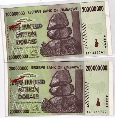 Mazuma *F1628 Zimbabwe 2008 200000000 Million Dollars AA1254760-761 2 Run UNC - Image 1 of 2