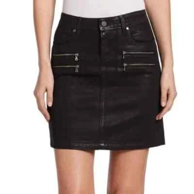 PAIGE MUJER MINI FALDA VAQUERA RECUBIERTA DE CERA NEGRA CREMALLERAS TALLA 26 Foto 1 de 4