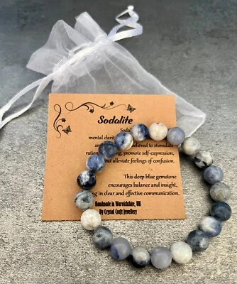 Pulsera SODALITA ajuste elástico hecha a mano con bolsa de regalo y tarjeta cristal piedras preciosas 8 mm Foto 1 de 2