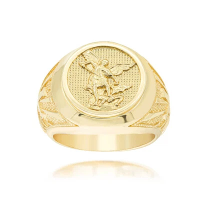 Gold Saint Michael Archangel Textured Signet Ring - Image 1 of 4