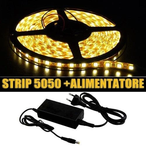 300 LED 5050 STRIP STRISCIA 5m 220V BIANCO LUCE CALDA ALIMENTATORE IMPERMEABILE - Immagine 1 di 1