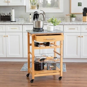 Rolling Kitchen Island with Granite Top, Wine Rack and Wire Baskets. Bamboo. - Imagen 1 de 4