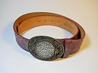 Cinturón de Cuero Rojo con 5 Conchos 39" Trabajado Repujado Águilas Esmalte Hebilla Vaquero Foto 1 de 4