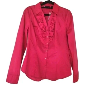 New York & Co 7th Avenue Hot Pink Fushia Long Sleeve Button Down Blouse Ruffle - Picture 1 of 11
