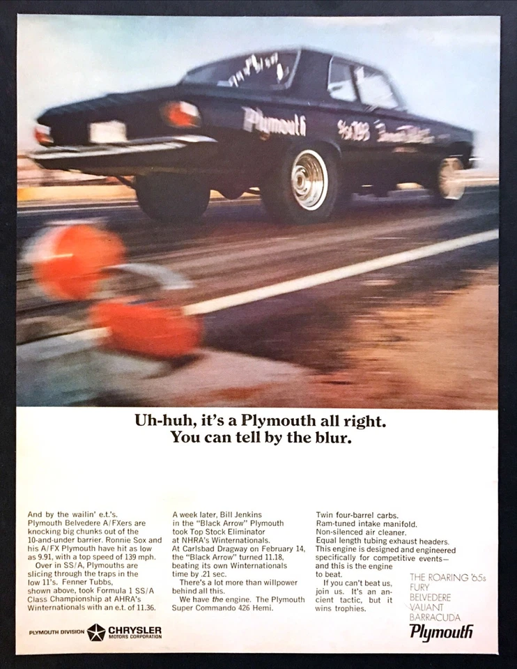 Plymouth Belvedere 1965 cupé coche de arrastre foto "It's All a Blur" anuncio impreso vintage Foto 1 de 1