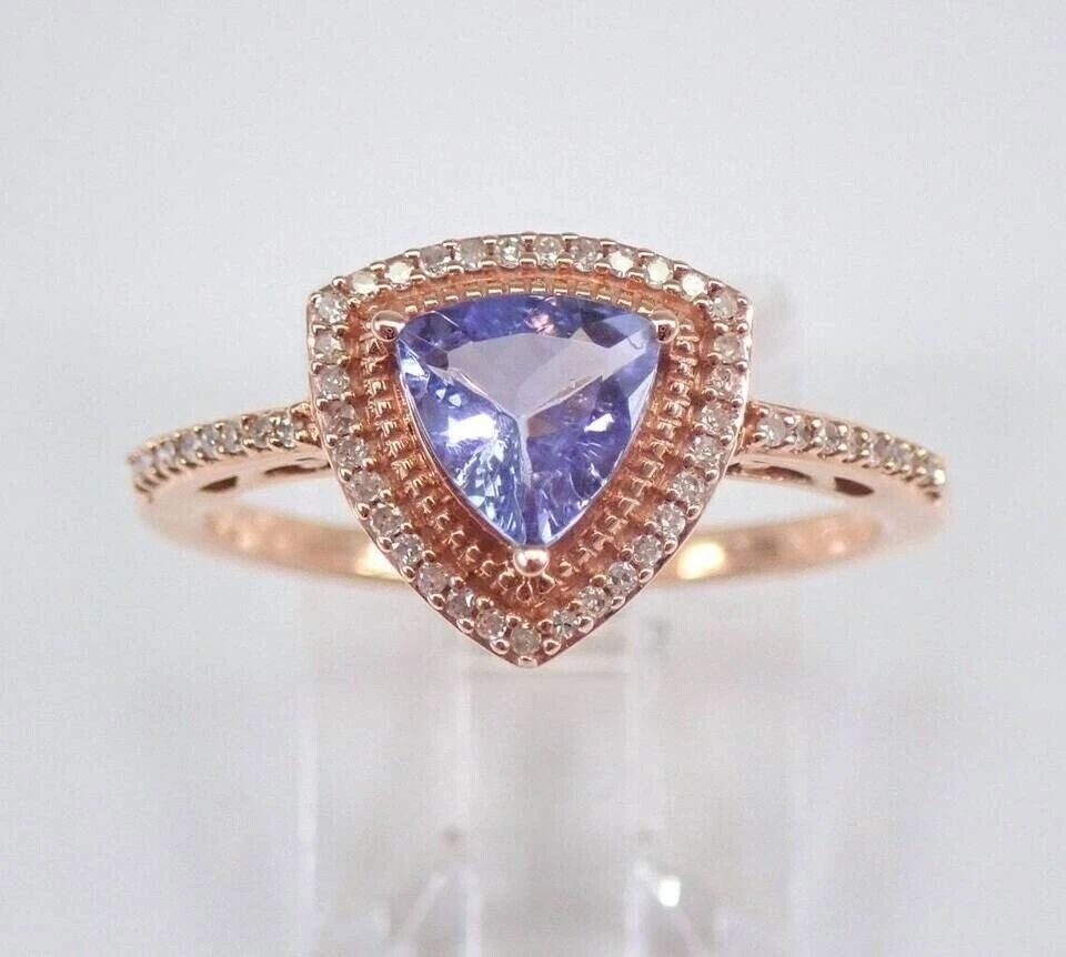 Anel de noivado de tanzanita azul simulado 2,70 ct trilhões folheado a ouro rosa 14k - Imagem 1 de 1