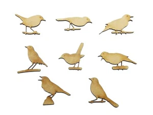 WOODEN MDF BIRDS ON BRANCH SHAPES LASER CUT EMBELLISHMENT SET OF 8 - Picture 1 of 1