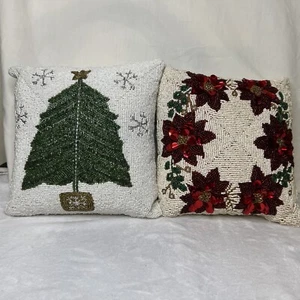 Lot 2 All Over Beaded Holiday Christmas Throw Pillow Tree Poinsettia Ring 12” - Picture 1 of 13