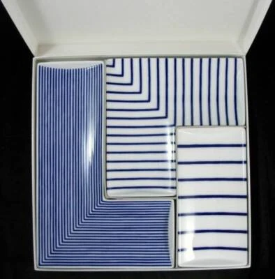 Nikko Kyoto 3-Piece Sushi Set Circa 2008 White with Blue Lines Complete in Box - Image 1 of 4