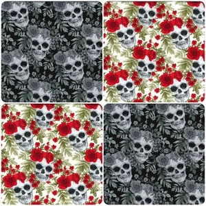 100% Cotton Poplin Rose & Hubble Fabric Halloween Wreath Skull Print Material - Picture 1 of 7