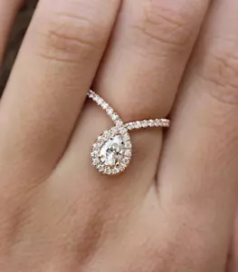 Shiny White Pear & Round Shape Cubic Zirconia In Pure 10K Rose Gold Unique Band - Picture 1 of 2