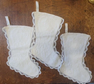3 Vintage Battenburg Lace White Floral Scalloped Christmas Stocking 16” Holiday - Picture 1 of 7
