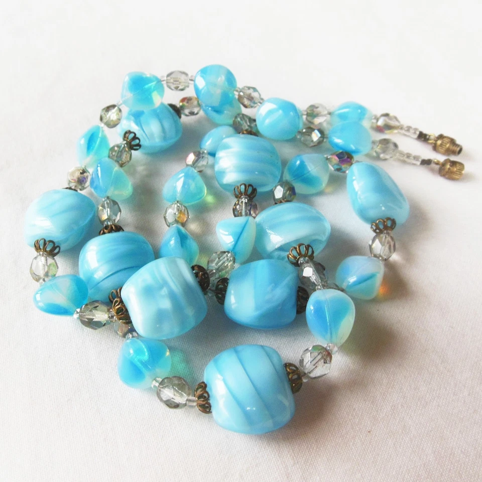 ANCIEN Collier Pate de VERRE Bleu NACRE - Antique Glass Necklace - Photo 1/4