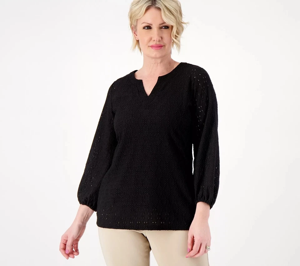 Top Susan Graver Passport Tejido Ojales Manga 3/4 Negro L Nuevo Foto 1 de 1