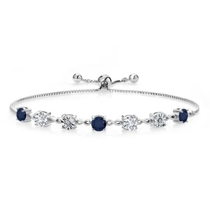 2.81 Ct Round Blue Sapphire E-F Lab Grown Diamond 925 Sterling Silver Bracelet - Picture 1 of 3