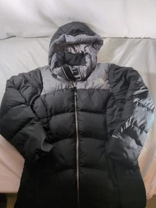 The North Face 550 Goose Down Puffer Jacket Longer Length Black/Grey Girls LG - Picture 1 of 12