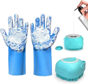 2 Stück Hundewaschhandschuhe und Shampoobürste, Badezubehör blau  - Bild 1 von 7