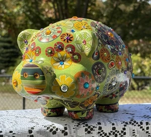 Vintage Pottery PIGGY BANK Painted Retro Boho Hippie Flower Art - Picture 1 of 9
