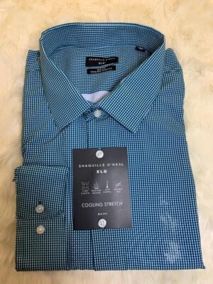 Camisa de vestir para hombre, marca Shaquille O'Neal, cuadros verde azulado/blanco, L/S, talla 18,5 34/35 Foto 1 de 2