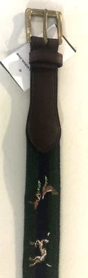 $175 POLO RALPH LAUREN Sz 38 Men’s Green Duck Hunting Dog USA Needlepoint Belt - Image 1 of 4