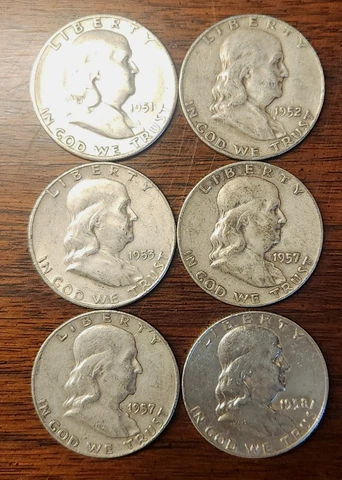 Benjamin Franklin 90% Silver 50c Half Dollars - Lot x 6 - 1950's Cover
