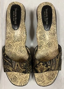 Womens TARYN ROSE Black Tan Paisley Suede Wood Heel Mule/Slide Sandals Sz 41 - Picture 1 of 12