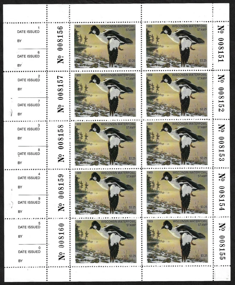 US 1989 DUCK HUNTING WISCONSIN $3.25 SHEET OF TEN NEVER HINGED - Image 1 of 1