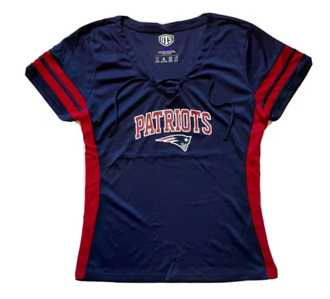 NFL Womens New England Patriots Dri Fit Shirt S SM Navy Blue Tie V-Neck OTS NWT Cover