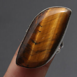 F1986 Yellow Tiger Eye Sterling Silver Plated Ring US 6.5 Gemstone Jewelry