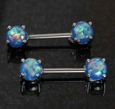 Par de anillos de pezón con barra de ópalo de fuego azul joyería piercing 14G Foto 1 de 2
