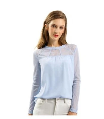 Blusa de malla de encaje ALLEGRA K para mujer pequeña bebé azul manga larga femenina salir Foto 1 de 4