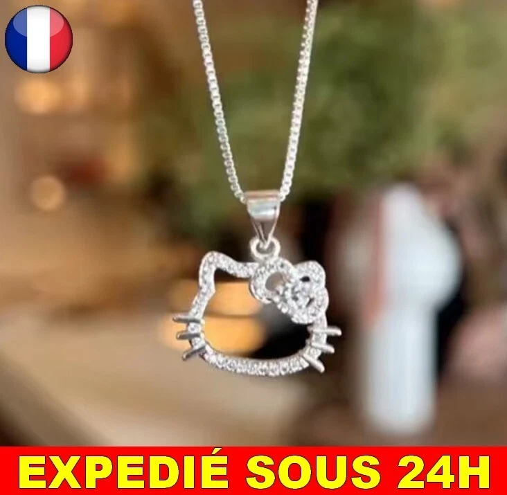 ✅ Collier Anime Femme Fille Hello Kitty Bijoux Chaine Cadeau Anniversaire Argent - Photo 1/4