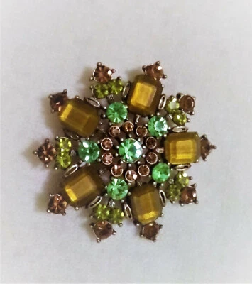 PERIDOT TOPAZ 珠宝簇胸针胸针 绿色琥珀色和棕色 FAUX GEMSTONES 二手状况完好! — 第 1/4 张图片