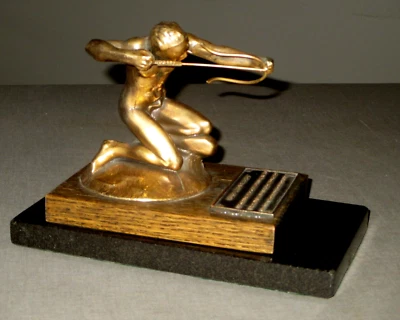 1930 PIERCE FLECHA ARQUERO CAPÓ RADIADOR ADORNO LATÓN-ROBLE-BASE MÁRMOL 8,5" Foto 1 de 4