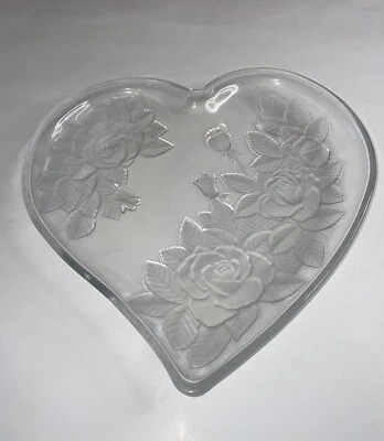 Heart Shaped Etched Crystal Glass Heart Tray—Winter Rose—Studio Nova 10.5” x 11" - Image 1 of 4