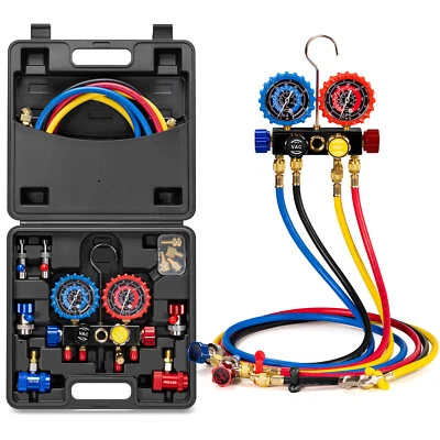 HVAC 4 Way Manifold Gauge Set with R134a R1234yf Quick Couplers and Can Taps - Image 1 of 4