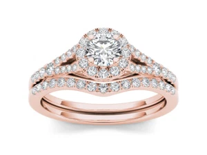 10k Rose Gold 3/4 Ct Diamond Halo Engagement Ring Size 8 Bridal Band Set - Picture 1 of 4
