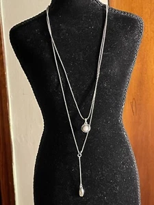 Vintage Lucky Brand Double Chain Pearl Drop Pendant Signed  - Picture 1 of 5