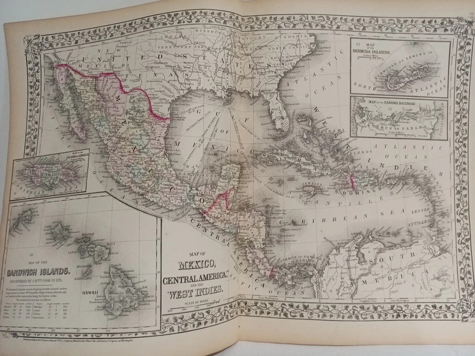 Auténtico mapa del condado de Mitchell's Atlas de 1873 de México América Central Indias Occidentales Foto 1 de 4
