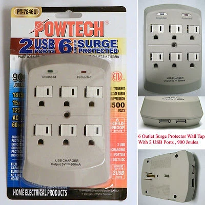 2 Pack 6 Outlet Surge Protector Wall Tap w/ 2 USB Ports Child Proof, 900 Joules - Image 1 of 4