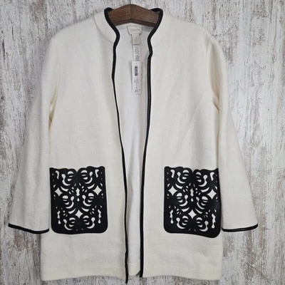 NWT Chico's Size 3 (XL -16) Open Jacket Boiled Wool Ivory Black Trim Open Front  - Image 1 of 4