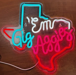 Texas Gig Em Neon Sign for Wall Decor Gig Em Aggies LED Light  - Picture 1 of 3